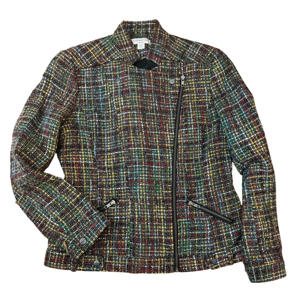 Coldwater Creek Shaped Tweed Moto Jacket Women 10 Artsy Boho Career Business